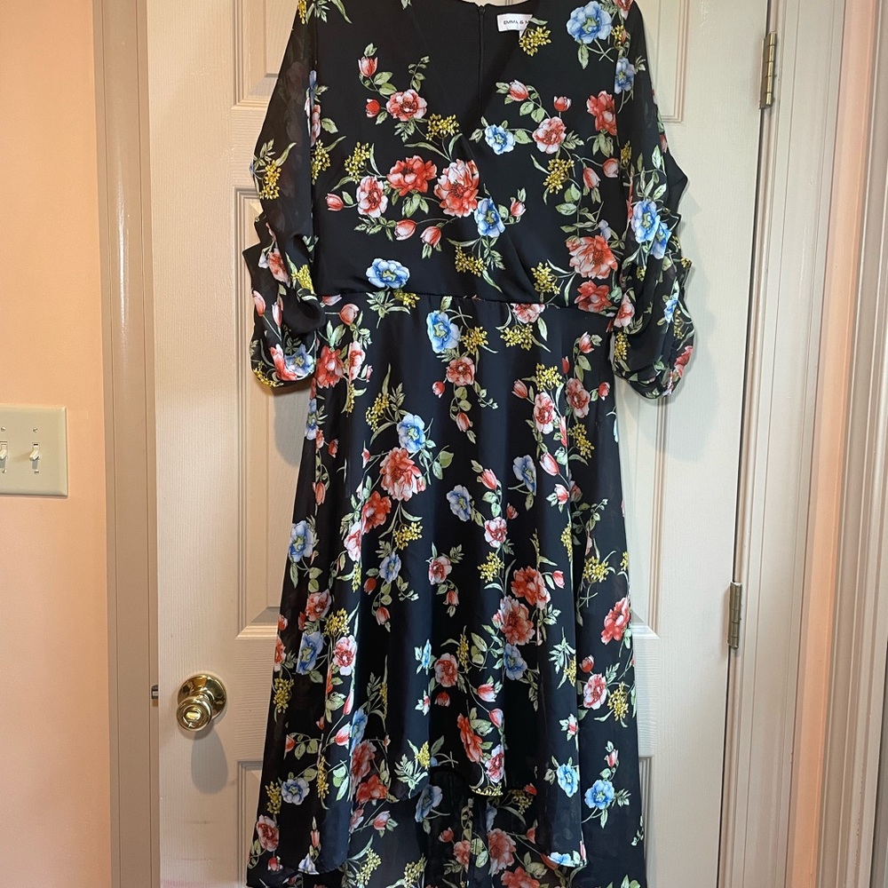 Emma & Michele Black Dress with Floral Accents and “Ruffled” Sleeves, Size‎ 14